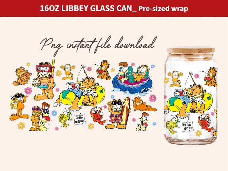 Garfield Cat Cartoon 80s Glass Can, 80s Cartoons png, Garfield Summer Libbey Glass Can, Retro 80s Cartoons Wrap, Garfield Swimming Pool - VartDigitals