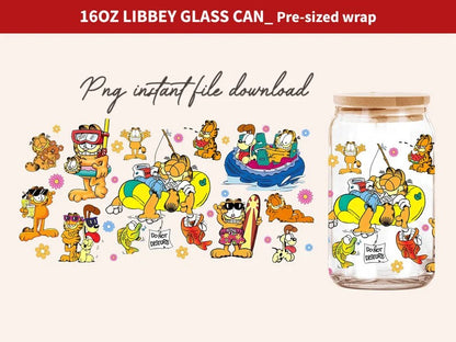 Garfield Cat Cartoon 80s Glass Can, 80s Cartoons png, Garfield Summer Libbey Glass Can, Retro 80s Cartoons Wrap, Garfield Swimming Pool - VartDigitals