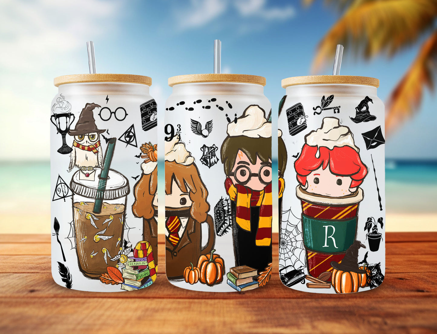 Wizard School Potterhead Coffee Glass Wrap png, 16oz Libbey Glass Can Wrap, Trick Or Treat, Spooky Vibes, Halloween Fall Autumn Coffee Wrap - VartDigitals