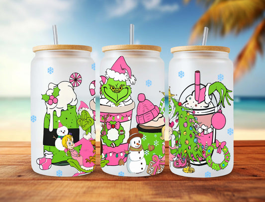 Cartoon Pink Christmas Tumbler Wrap, 16oz Can Glass Wrap, Merry Christmas Can Glass, Libbey Can Glass, Christmas Vibes, Pink Grinchmas Wrap - VartDigitals