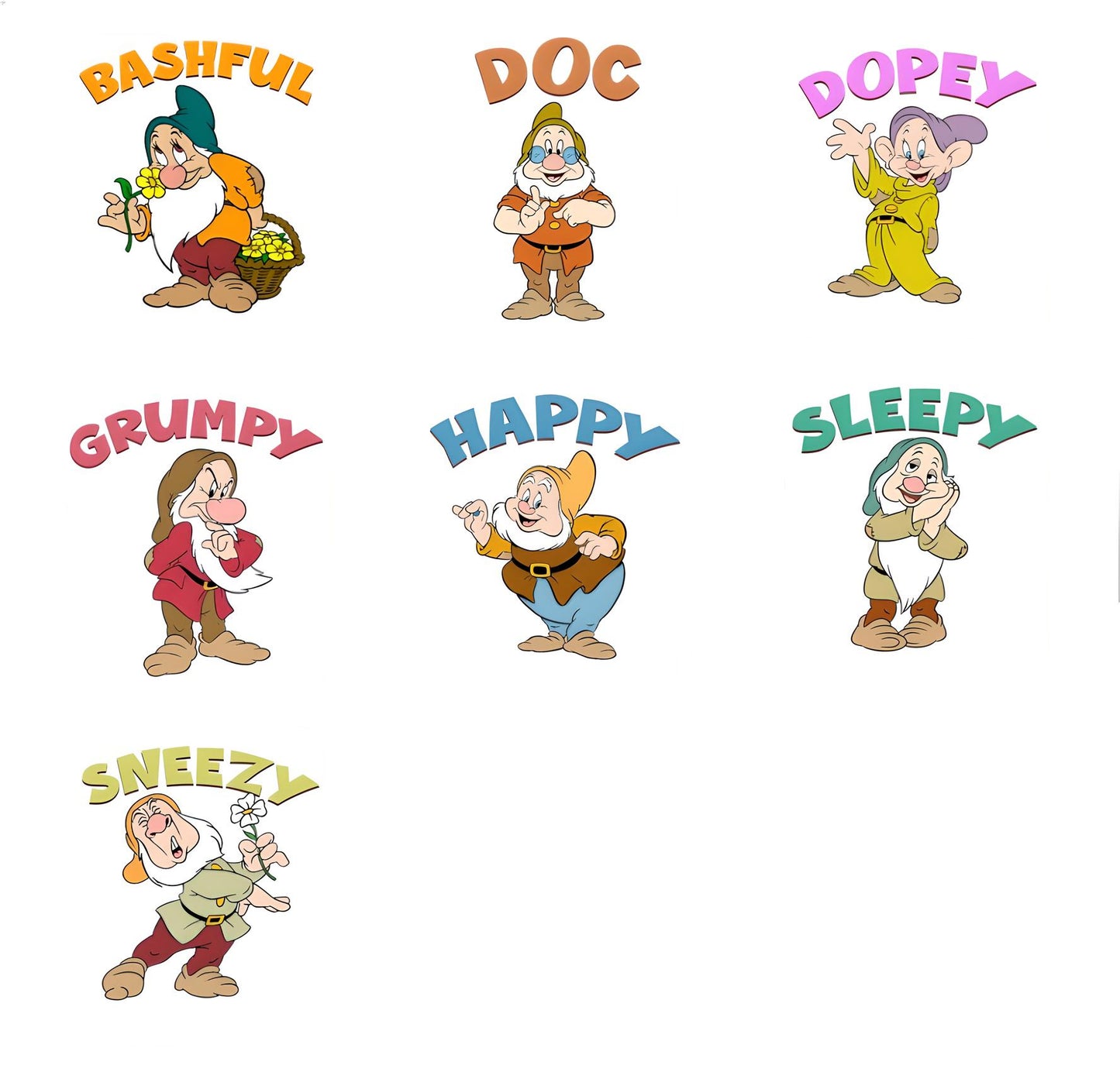 7 Zwerge Gruppe, Dopey Sneezy Doc Sleepy Bashful Grumpy Happy Png Bundle, PNG-Datei geschichtete PNG-Dateien, Clipart-Dateien, Instant Download