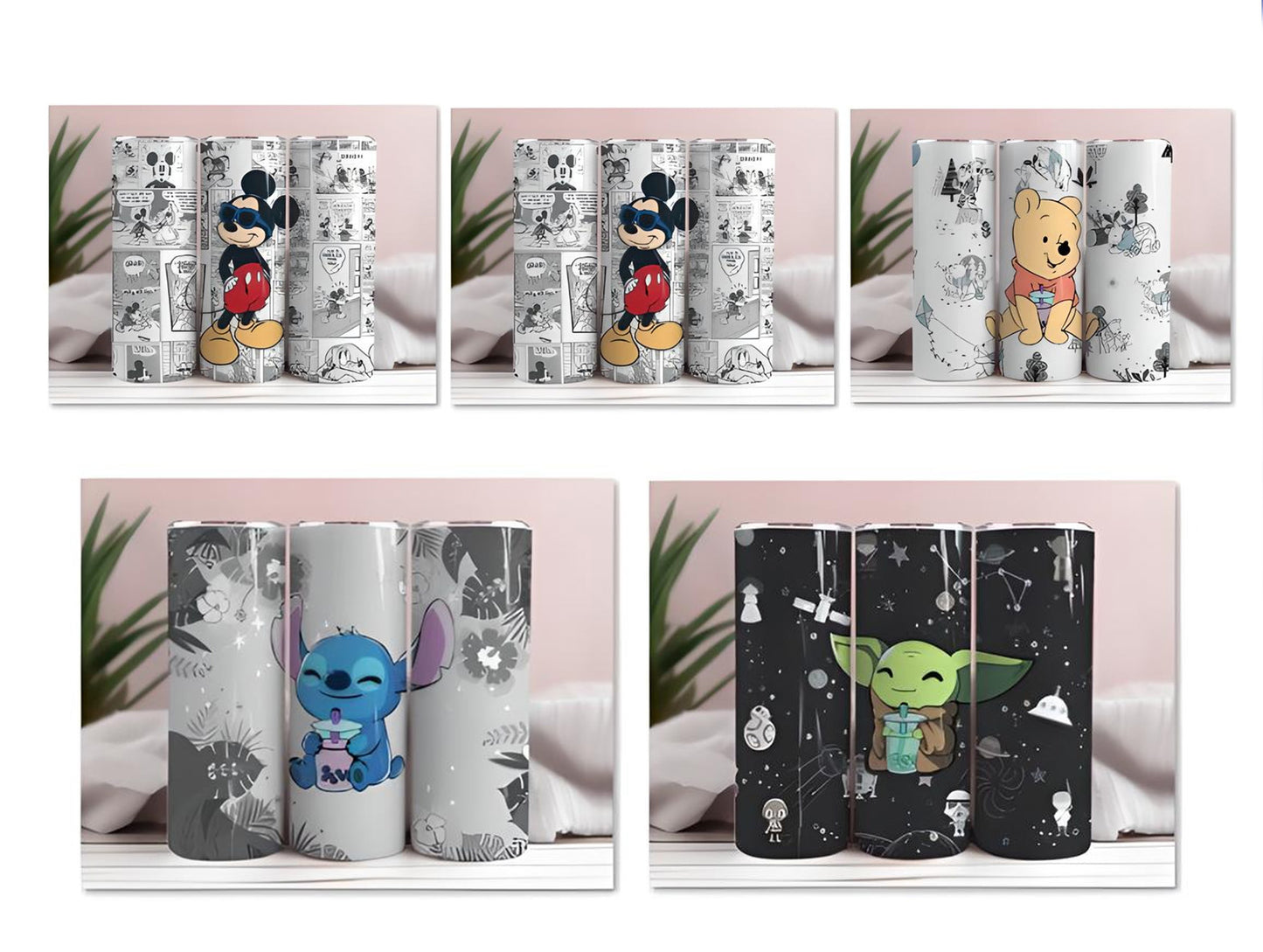 Mickey, Pooh, Stitch, Yoda Sublimationsdesign, ideal für 20oz Skinny Tumbler, kann für Sublimation, Wasserrutsche oder zum Bedrucken von Vinylfolien verwendet werden, süßer Wasserbecher