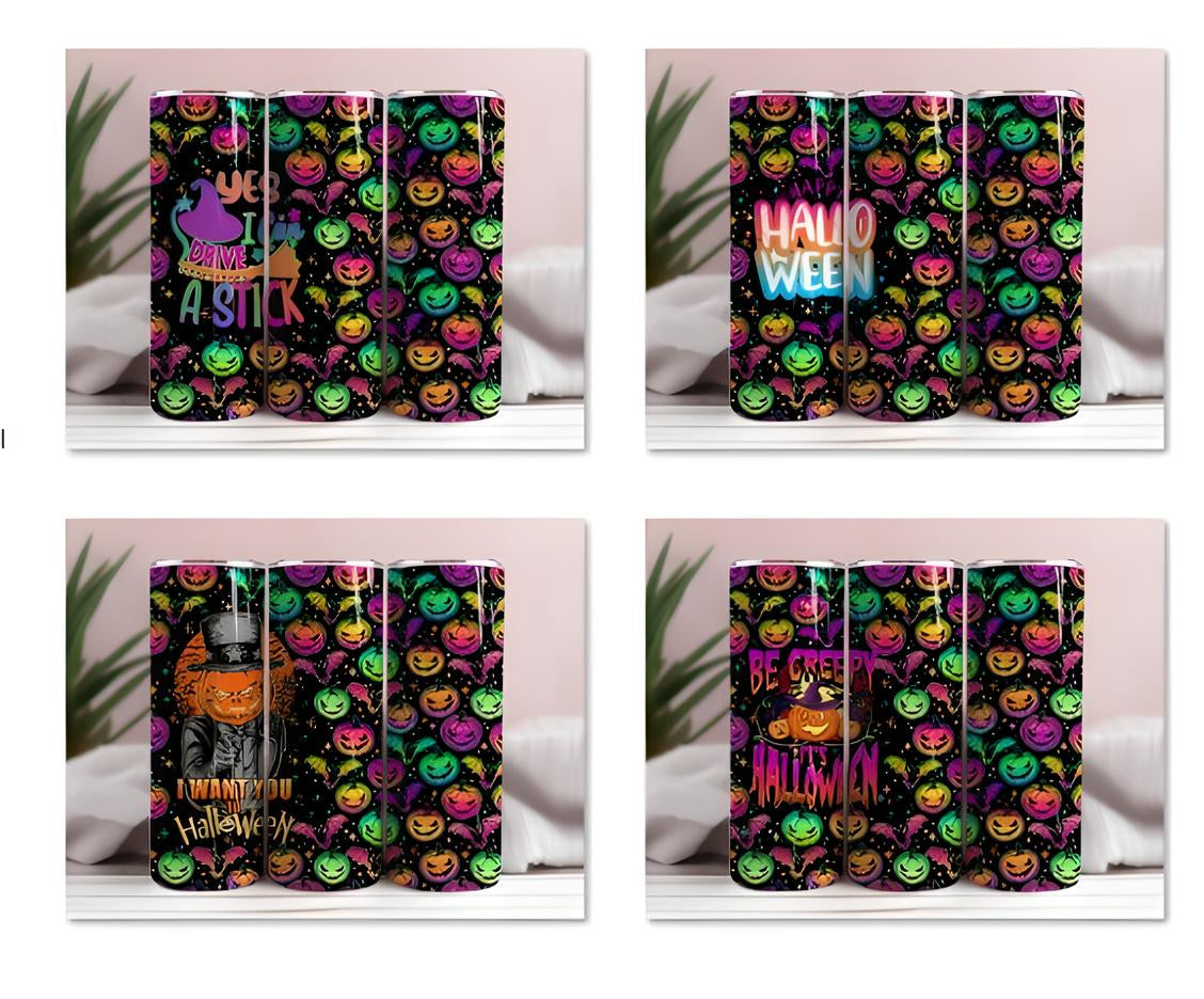 Bright Halloween Tumbler Wrap, Colorful Halloween Sublimation Design 20oz Skinny Tumbler Wrap