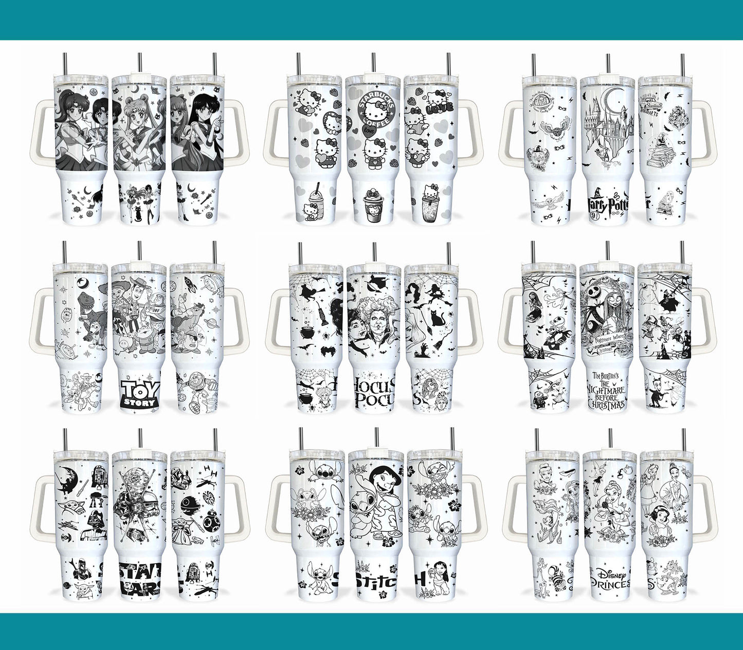 Bundle Cartoon-Figuren 40 oz Tumbler Wrap, Halloween Quencher Tumbler Sublimation, Cartoon Tumbler Png, Princess Wrap, Nightmare Scary