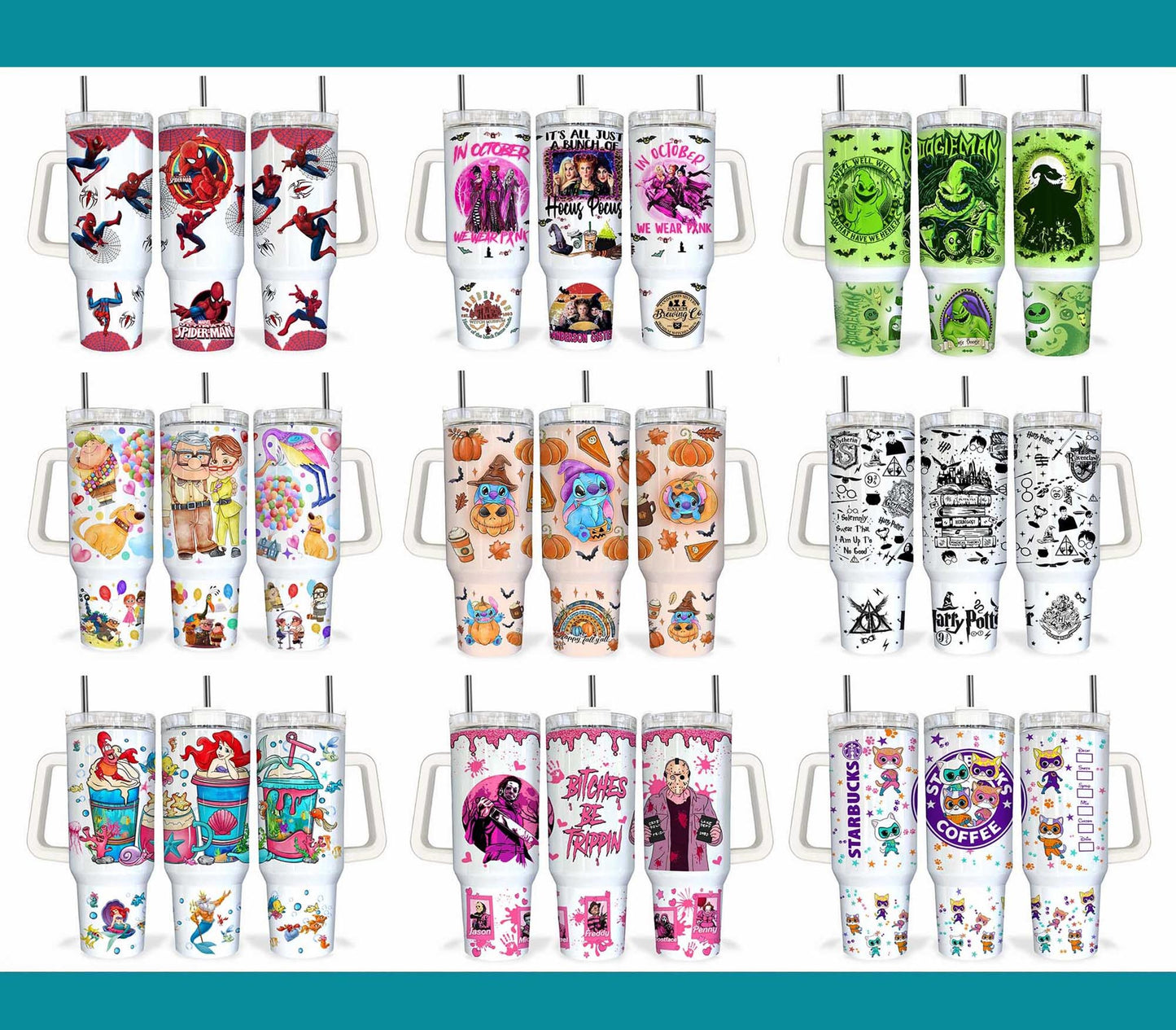 Bundle Cartoon-Figuren 40 oz Tumbler Wrap, Halloween Quencher Tumbler Sublimation, Cartoon Tumbler Png, Princess Wrap, Nightmare Scary