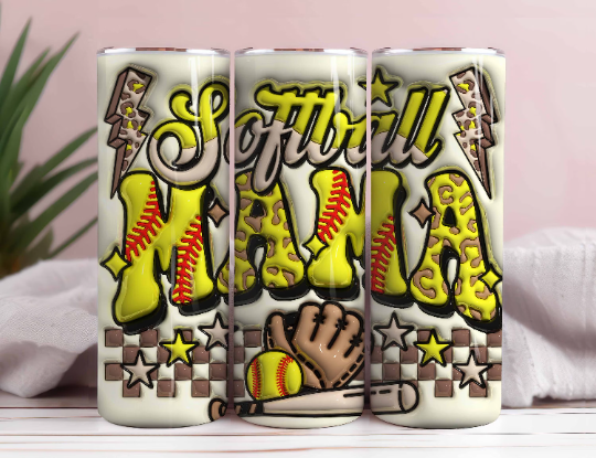 Inflated 3D Softball Mom Tumbler PNG, Leopard Softball Sublimation Designs, 20oz Skinny Tumbler, Softball Mama Tumbler PNG, Puffy Softball - VartDigitals