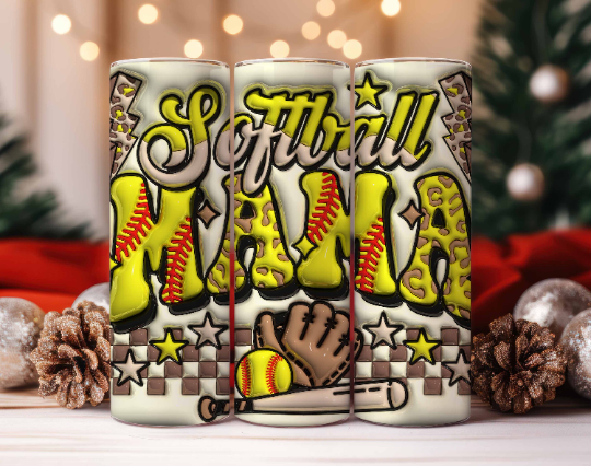 Inflated 3D Softball Mom Tumbler PNG, Leopard Softball Sublimation Designs, 20oz Skinny Tumbler, Softball Mama Tumbler PNG, Puffy Softball - VartDigitals