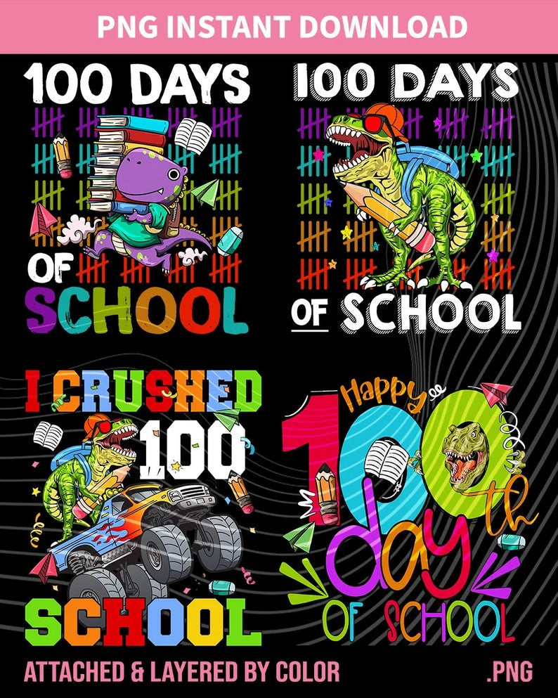 100 Days of School Png Bundle, Happy 100 Days Of School, Kindergarten 100 Days Png, School Party Png, T-Rex 100 days, PNG Digital Download - VartDigitals