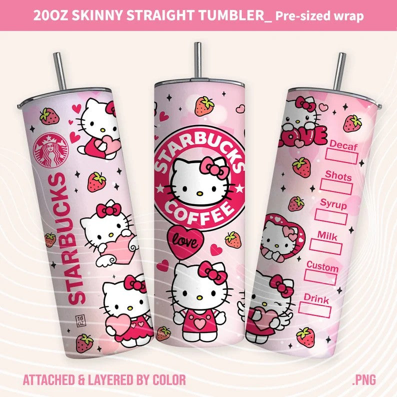 Bundle Kawaii Kitty Tumbler, Kitty Coffee, 20oz Straight Skinny Wrap, Cartoon Spring Flowers, Pink Cat Tumbler, 5 PNG FILES Png Sublimation Design - VartDigitals