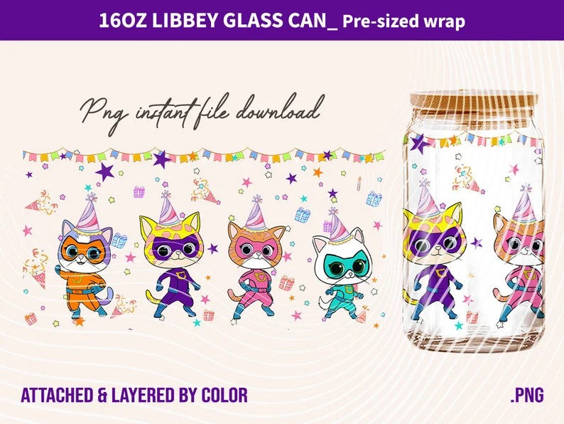 Superkitties Pounce Bundle Png, Superkitties Png, 16oz Can Glass, Can Glass Wrap, Bitsy Cat, Ginny Cat, Buddy Cat, Sparks,Junior Superkities - VartDigitals