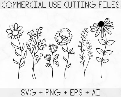 Wildblumen SVG, Blumen SVG, Wildblumen SVG, Blumenskizze SVG, Cricut und Silhouette, Sofortiger Download