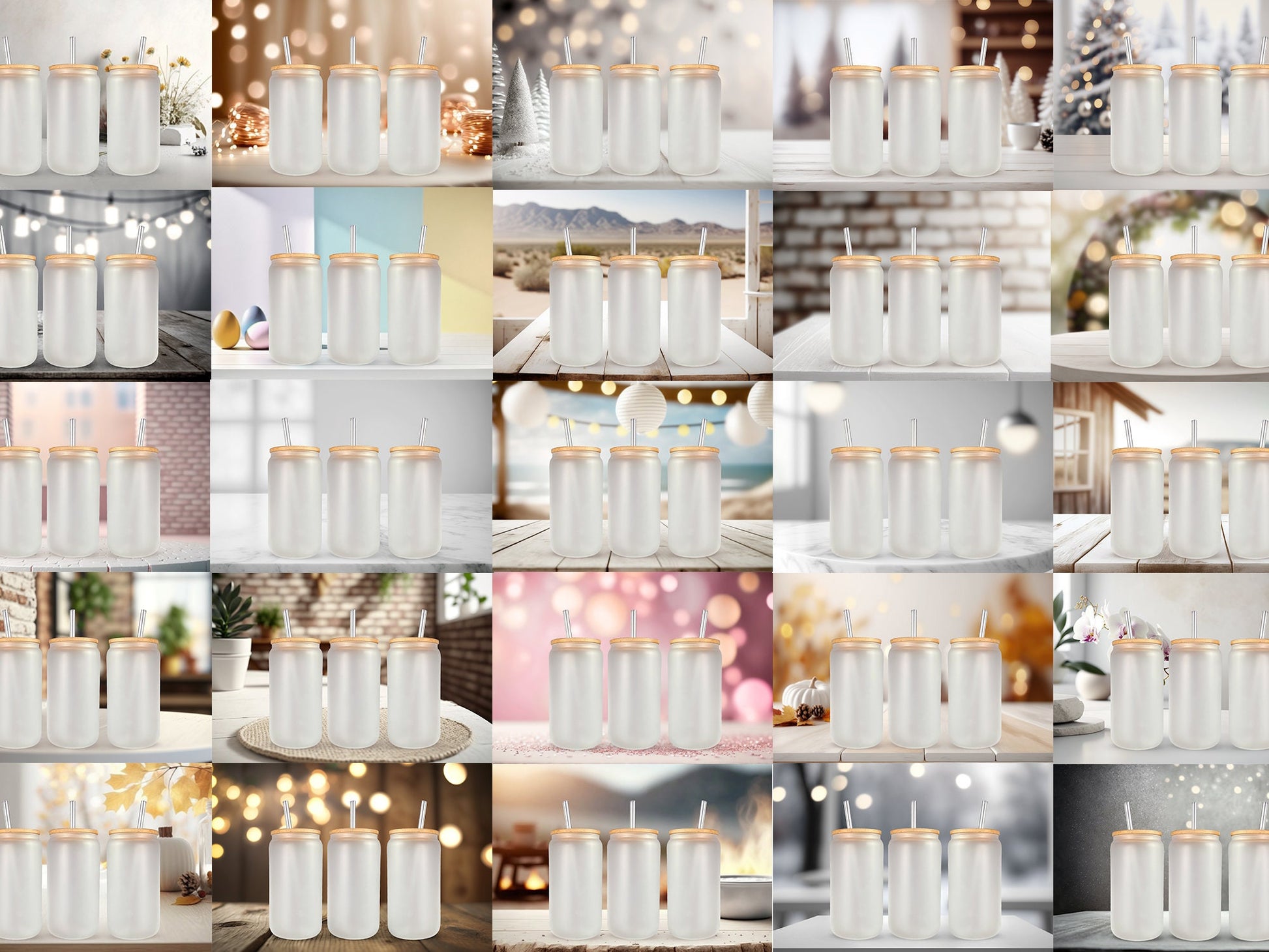 100 Frosted 16oz Libbey Glass Can Mock Ups Canva Templates AND PSD - Edit in CANVA, Photoshop, 100 Backgrounds - VartDigitals