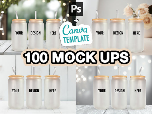 100 Frosted 16oz Libbey Glass Can Mock Ups Canva Templates AND PSD - Edit in CANVA, Photoshop, 100 Backgrounds - VartDigitals