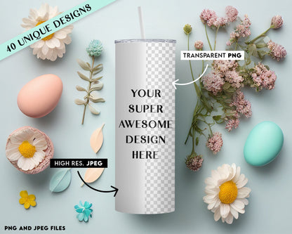 40 x Easter Theme Skinny Tumbler Mockup Mega Bundle - 20oz Skinny Tumbler Mockup - Tumbler Mock Edit on Canva or PS - Transparent Background - VartDigitals