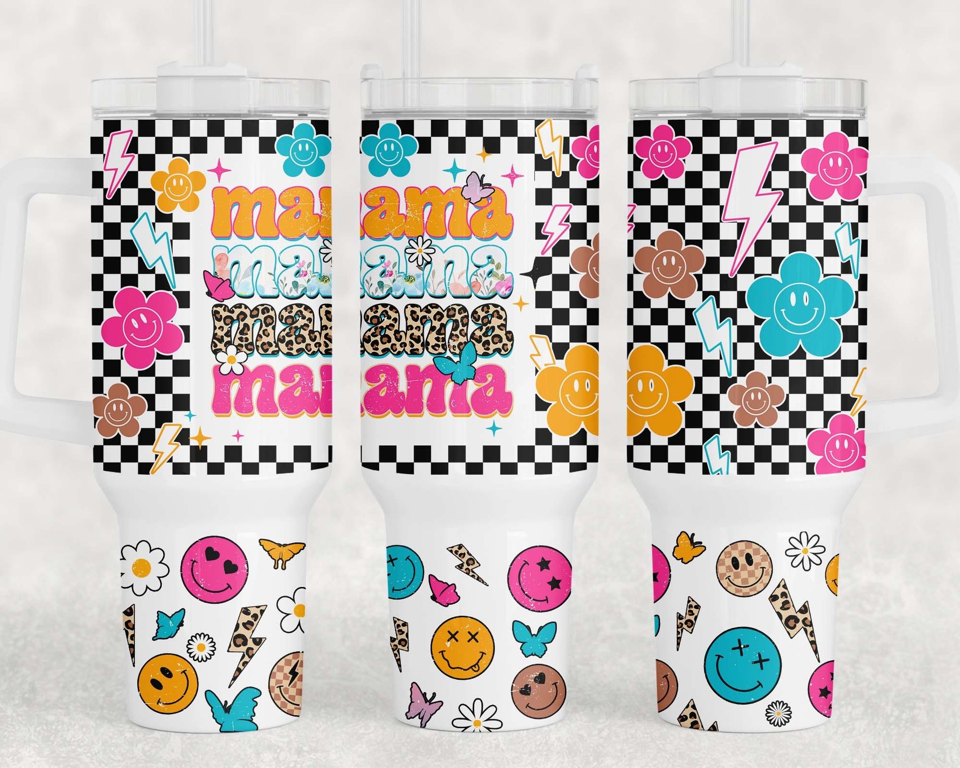 MAMA 40oz Quencher Tumbler Wrap Retro Groovy Smiley Checkered Png Funny Mom Seamless Sublimation Tumbler, Mothers Day Gift, Hot Mom Tumbler - VartDigitals