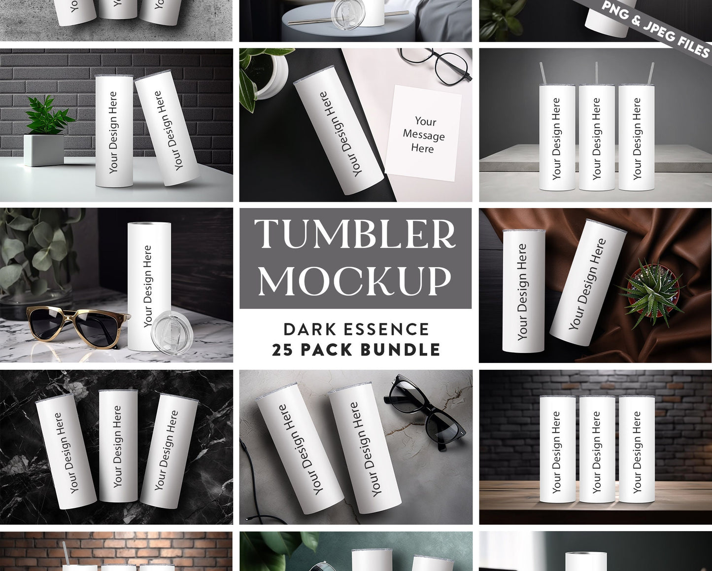 25 x Dark Essence Tumbler Mockup Variety Bundle  20oz Skinny Straight Tumbler Mock up Transparent PNG Mock-Up Edit in CANVA Photoshop - VartDigitals