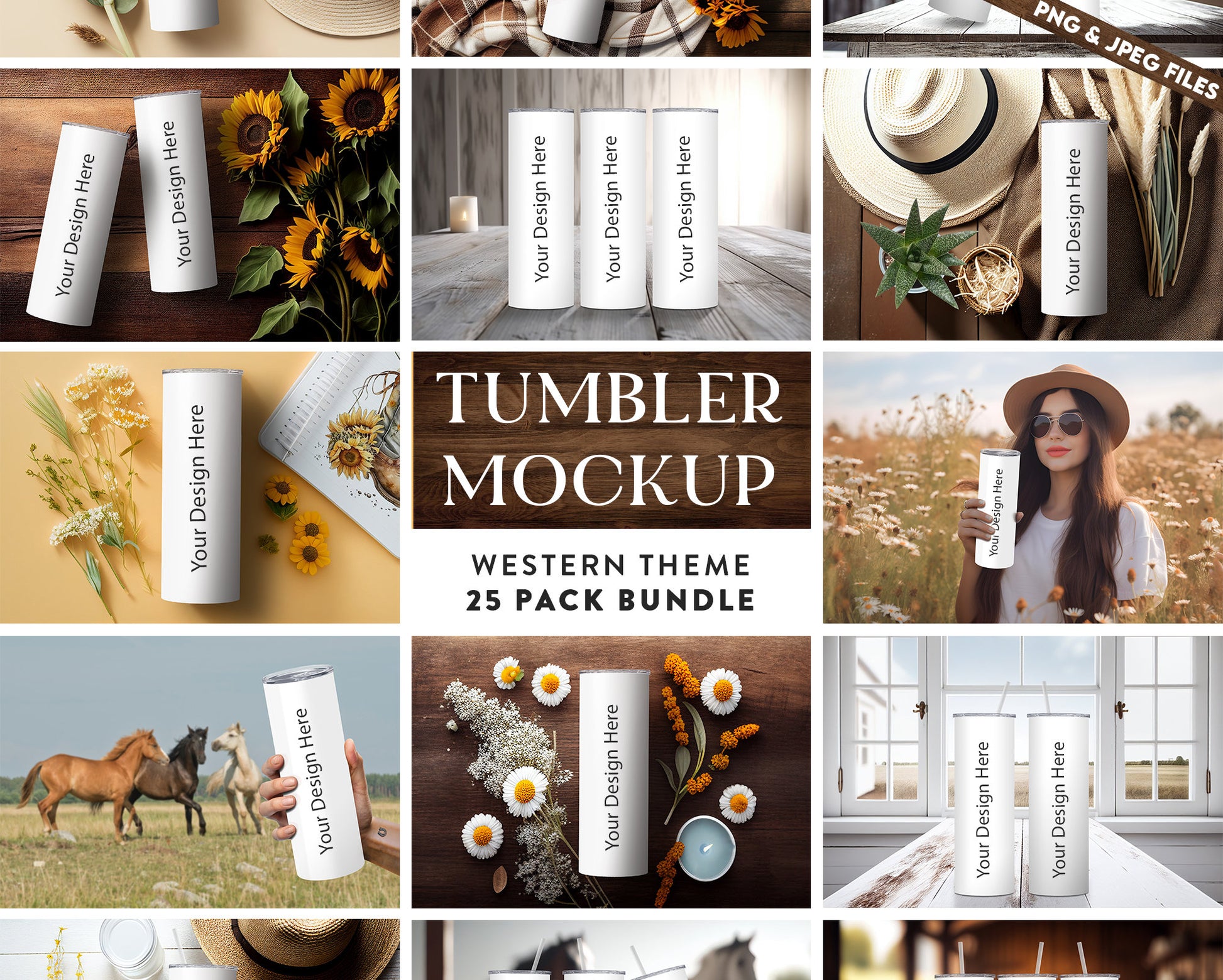 25 x Western Theme Skinny Tumbler Mockup Bundle  20oz Tumbler Mock-Up  Country Tumbler Mock Edit on Canva PS with Transparent Background - VartDigitals