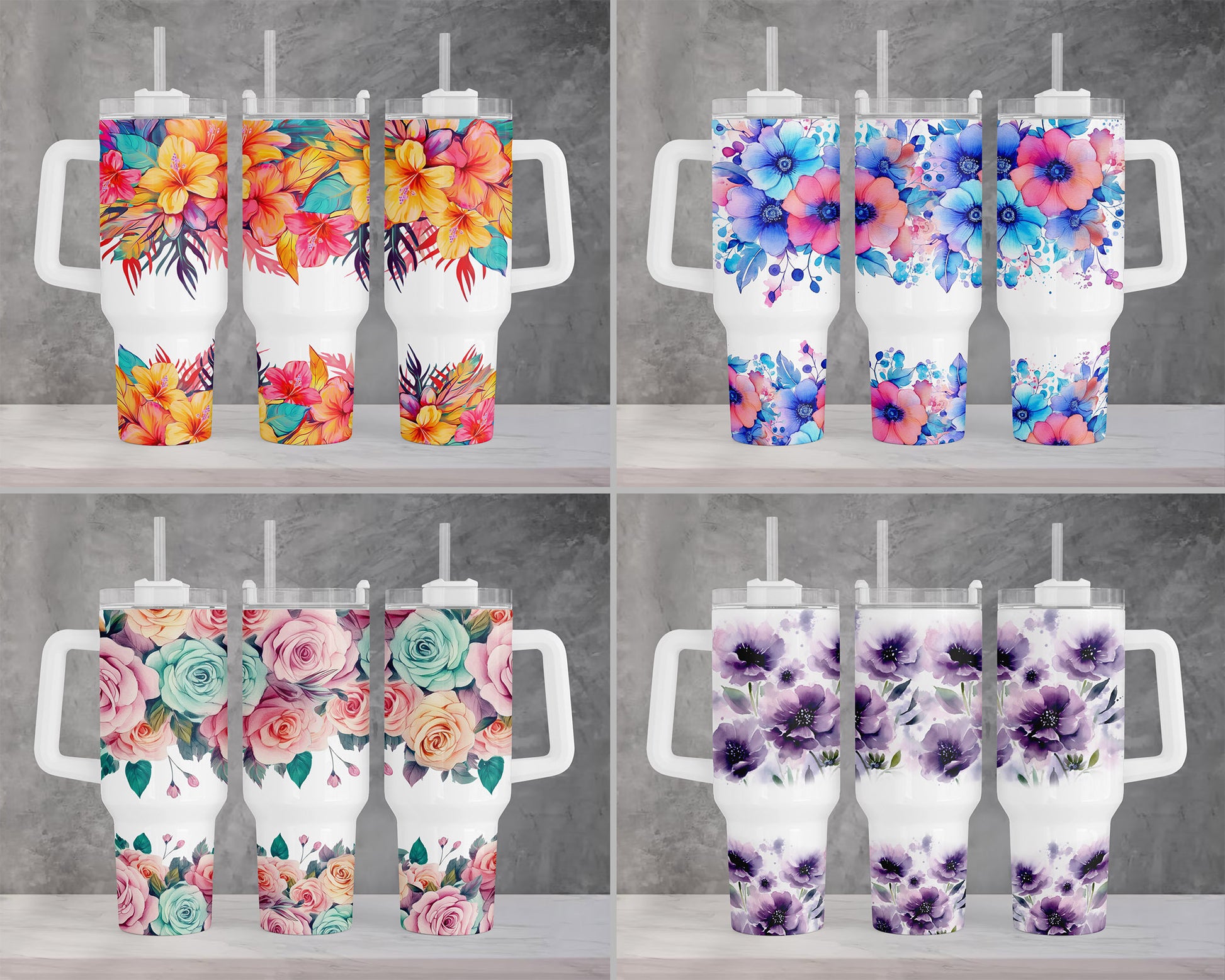 Bright Colors Boho Floral 40oz Quencher Tumbler Wrap, Floral Seamless PNG Tumbler Design Sublimation Designs Downloads, Roses Tumbler PNG - VartDigitals