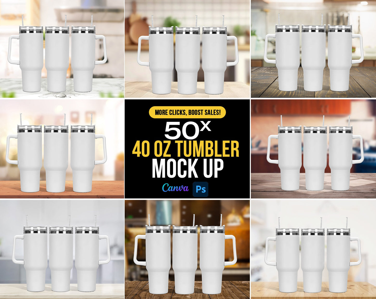 50x 40z Tumbler Mock Up PNG Transparent File, Photoshop Smart Object - Edit in CANVA, Photoshop, 40oz Tumbler with Handle Mock-Up - VartDigitals