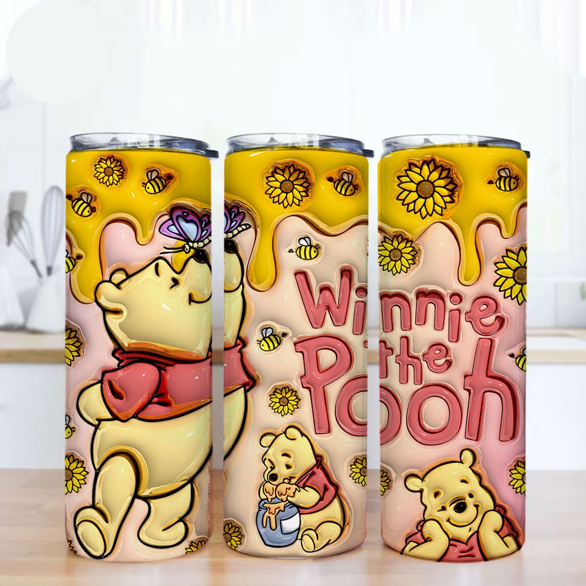 20 oz Cartoon 3D Bear Inflated Tumbler Png Tumbler Wraps, Inflated 20oz Sunflowers Skinny Sublimation Digital Downloads 3D Puffy Bear Design - VartDigitals