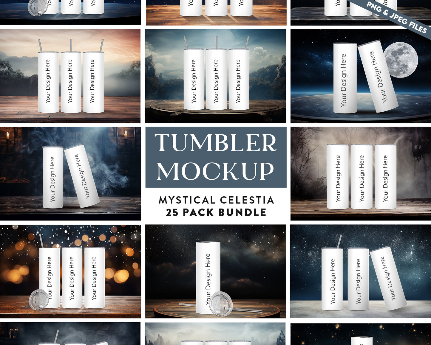 25 x Mystical Celestia Tumbler Mockup Variety Bundle  20oz Skinny Straight Tumbler Mock up Transparent PNG Mock-Up Edit in CANVA Photoshop - VartDigitals