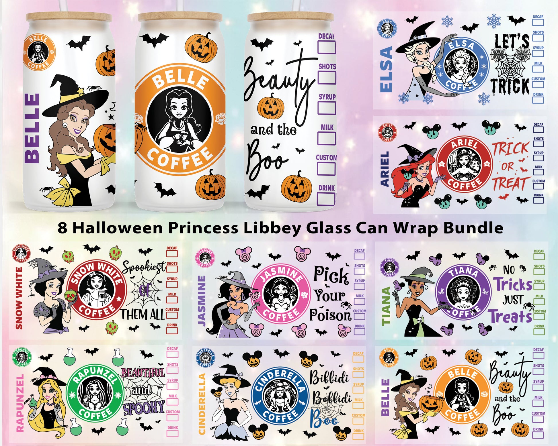 8 Fall Halloween Princess Coffee Logo Spooky Season Libbey Glass Can Wrap Sublimation Seamless Design 16 Oz Digital PNG Download - VartDigitals