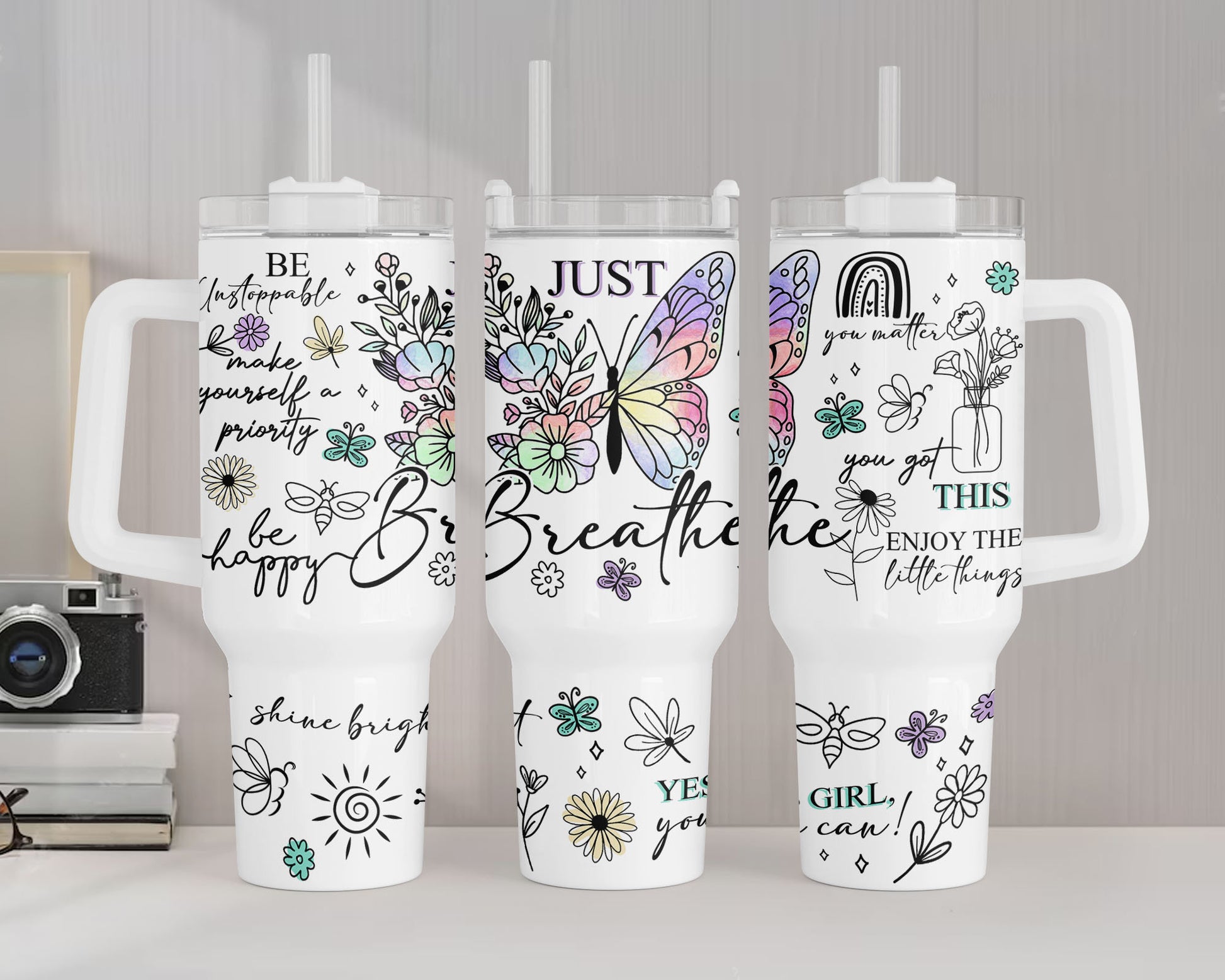 Positive Affirmations Tumbler Wrap Butterflies Inspirational Quotes PNG Downloads, Positive 40oz Tumbler Png, Summer Quencher Tumbler Design - VartDigitals