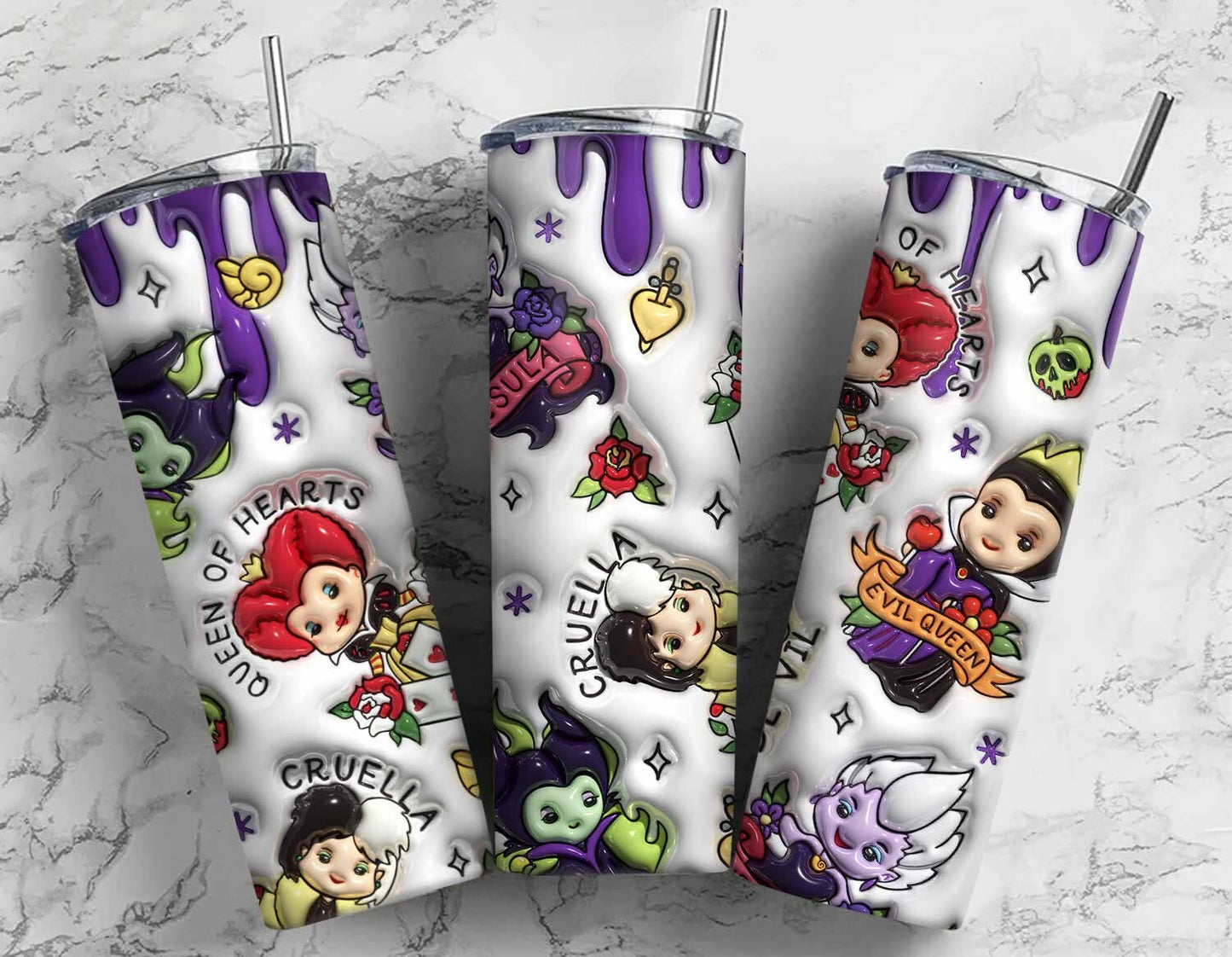 20 oz Inflated Villains Tumbler Wrap Png, 3D Cartoon Tumbler Design, 3D Puffy Villains Coffee Sublimation, 3D Inflated Halloween Tumbler Png - VartDigitals