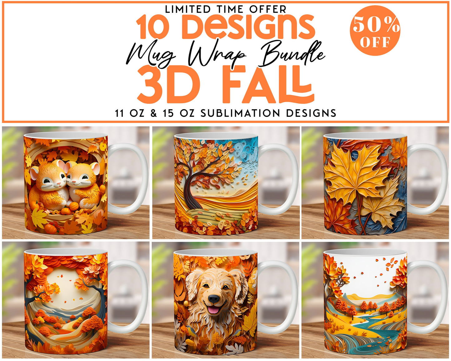 3D Fall Mug Wrap Bundle, 3D Fall Flowers Mug Wrap