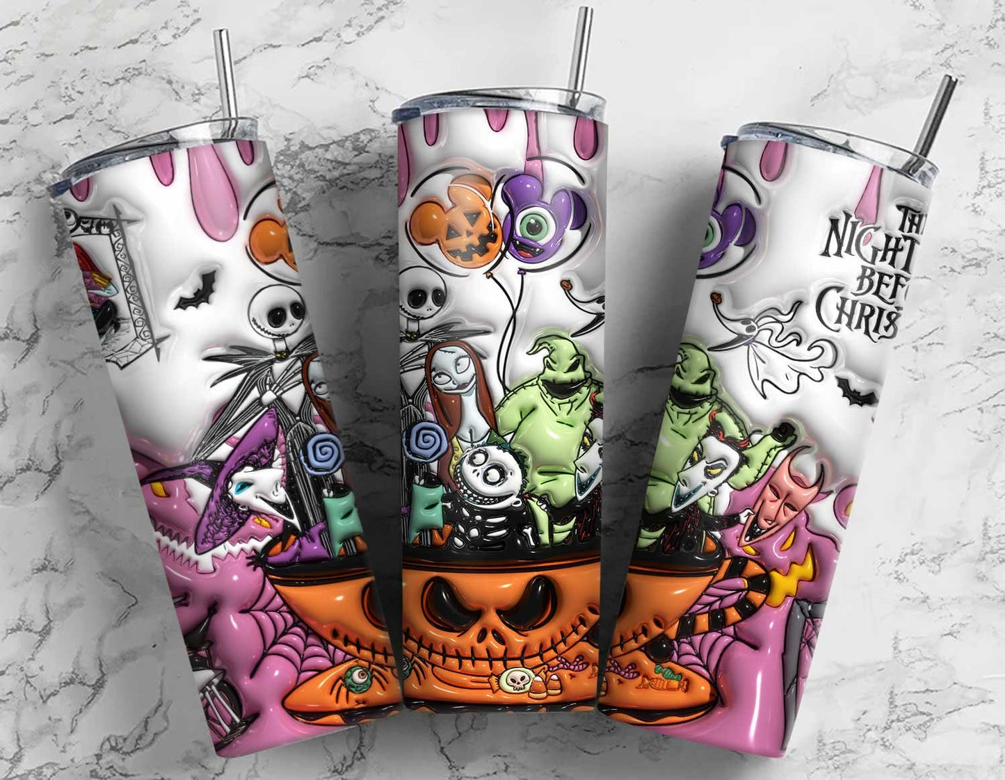 3D Inflated Halloween Tumbler Wrap, Cartoon Halloween Tumbler Png, The Nightmare Before Christmas  20oz Skinny Tumbler, 3D Tumbler Wrap - VartDigitals