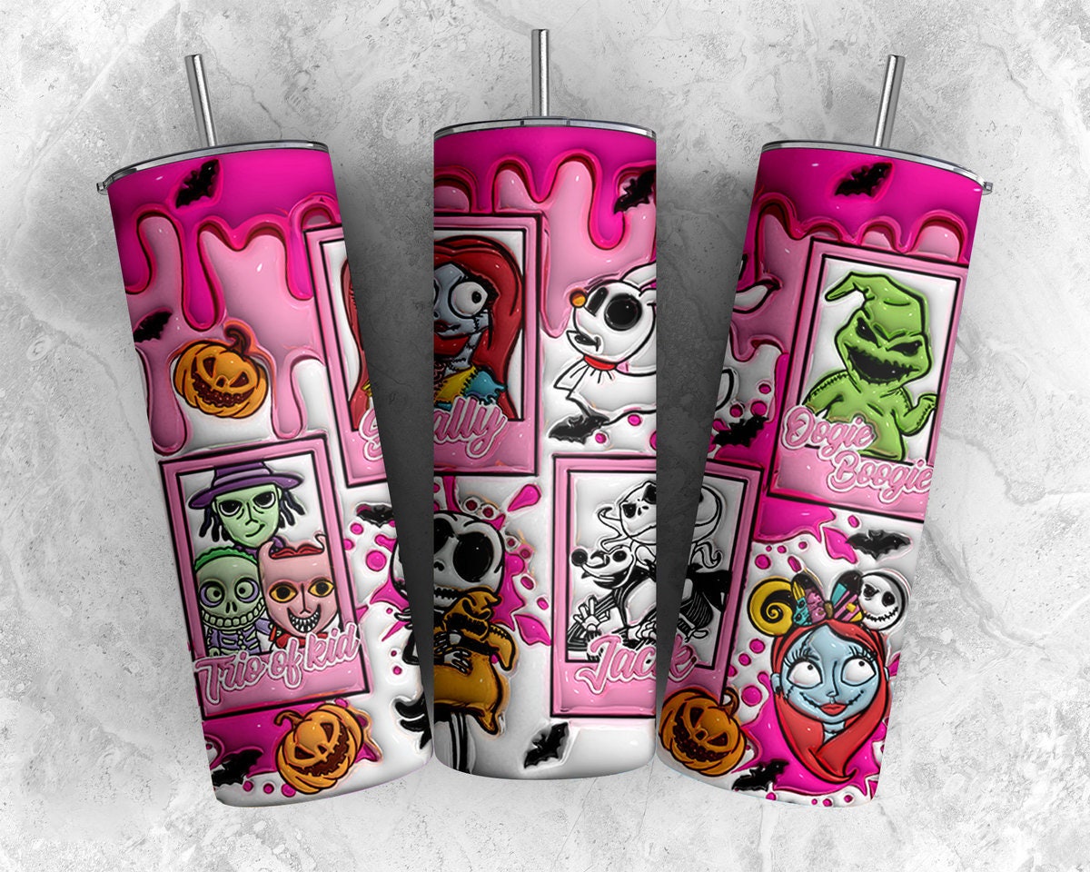 Inflated Cartoon Halloween Tumbler Design, 3D Spooky Vibes Tumbler Wrap, Pink Doll Halloween, 3D Nightmare Scary Tumbler Wrap, Pink Horror - VartDigitals