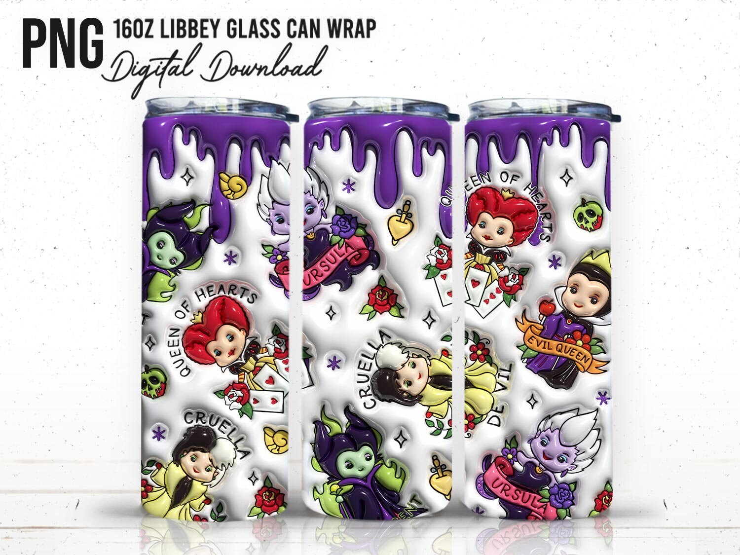 20 oz Inflated Villains Tumbler Wrap Png, 3D Cartoon Tumbler Design, 3D Puffy Villains Coffee Sublimation, 3D Inflated Halloween Tumbler Png - VartDigitals