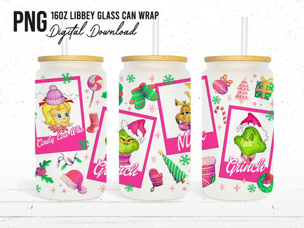 Cartoon Christmas Tumbler Wrap, 16oz Can Glass Wrap, Merry Christmas Can Glass, My Day Libbey Can Glass, Christmas Vibes,Pink Christmas Wrap - VartDigitals