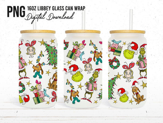 16oz Glass Can, Christmas Tumbler Wrap, Merry Christmas Can Glass