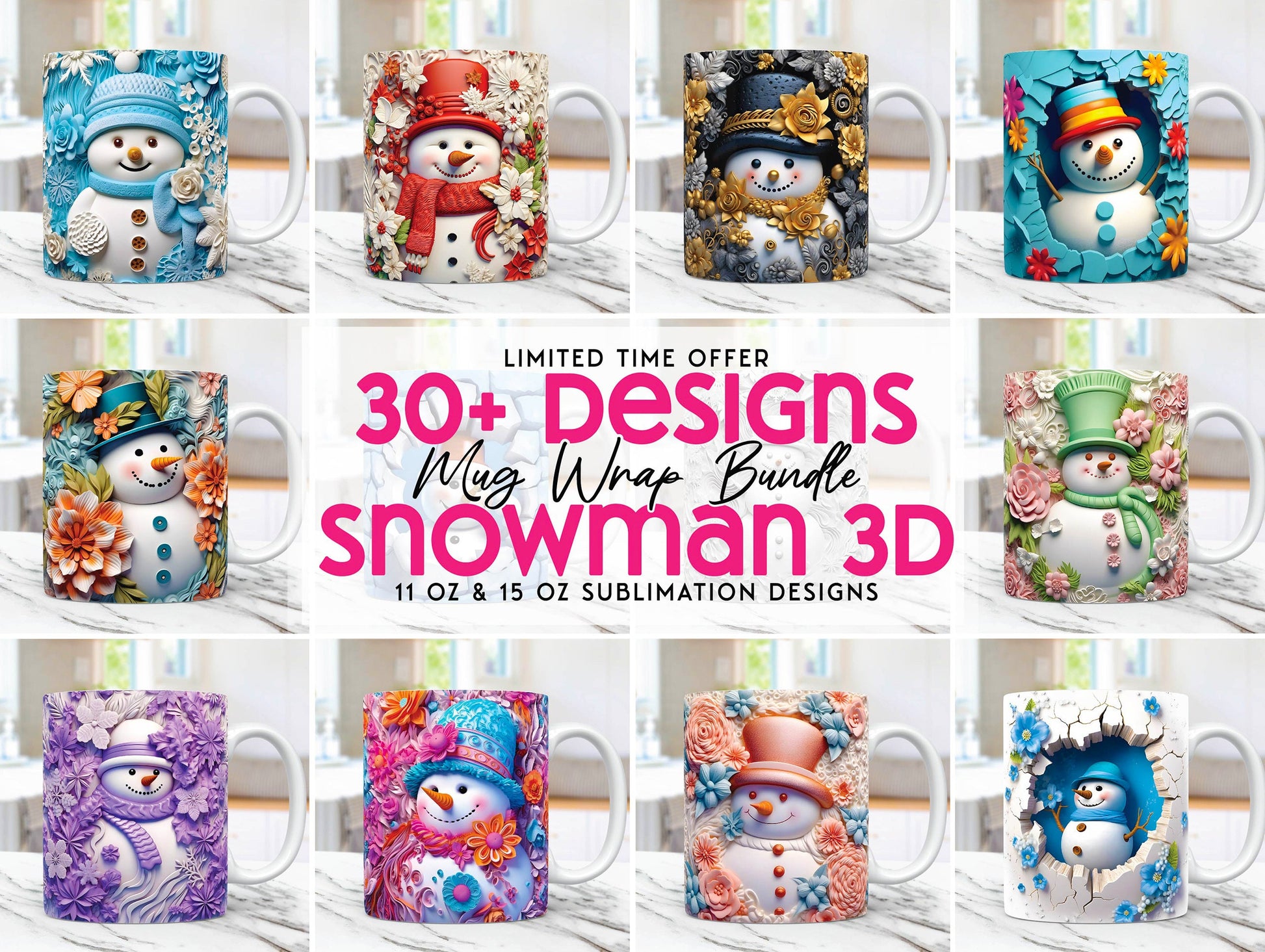 3D Snowman Mug Wrap Christmas Bundle Mug Wrap Sublimation Designs PNG, 11oz and 15oz Mug Template, 3D Christmas Mug Wrap - VartDigitals