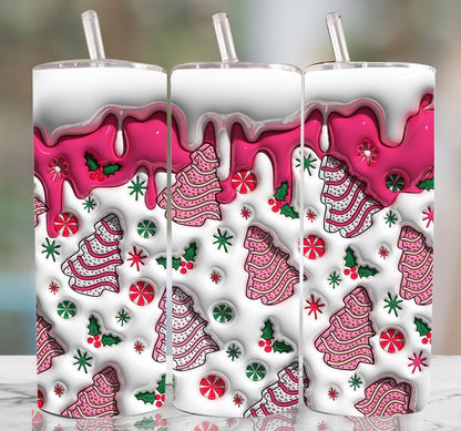 3D Pink Christmas Tree Cakes Inflated Tumbler Wrap, Christmas Snack Cakes Puffy Tumbler, Xmas Coffee Puffy Tumbler, Milk Cookies For Santa - VartDigitals