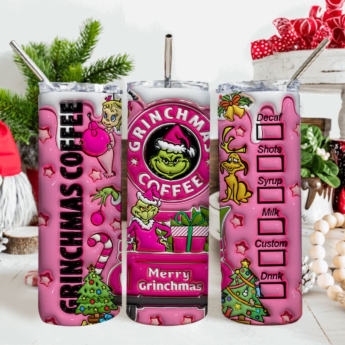 Inflated Pink Christmas Tumbler Design Png, 3D Christmas Cartoon Tumbler Wrap 20oz Skinny Sublimation, Merry Grinchmas, Merry Christmas Wrap - VartDigitals