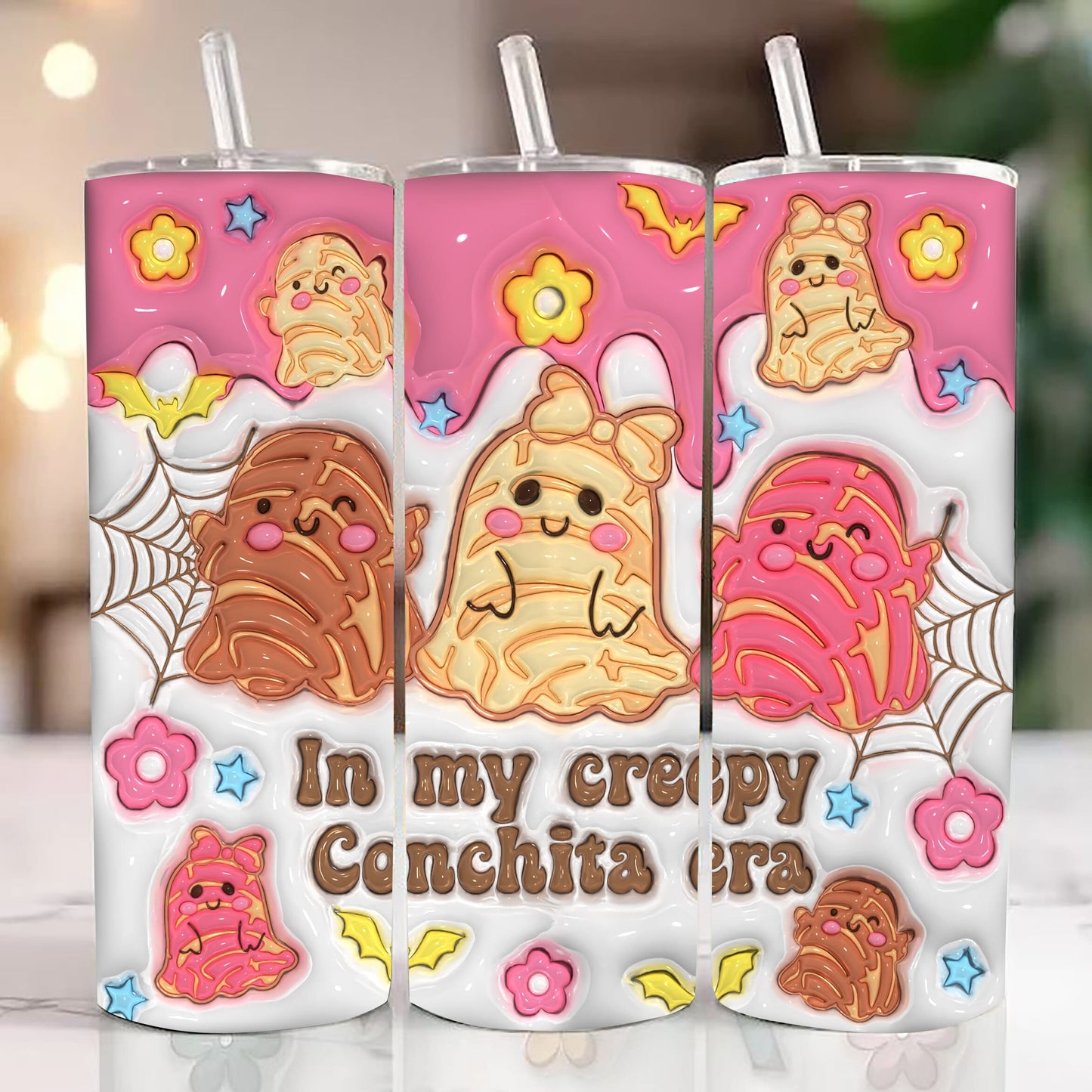 3D Inflated In My Creepy Conchita Era Tumbler Wrap, Spooky Conchas Tumbler Wrap, Mexican Pan Dulce Ghost PNG, Halloween Pan Dulce Conchas - VartDigitals