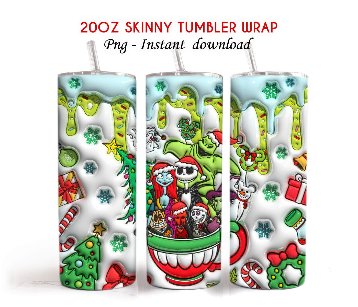 3D Inflated Cartoon Christmas Tumbler Wrap, Christmas 20oz Skinny Tumbler, Merry Christmas, Nightmare Before, Christmas Png, Tumbler Wrap - VartDigitals