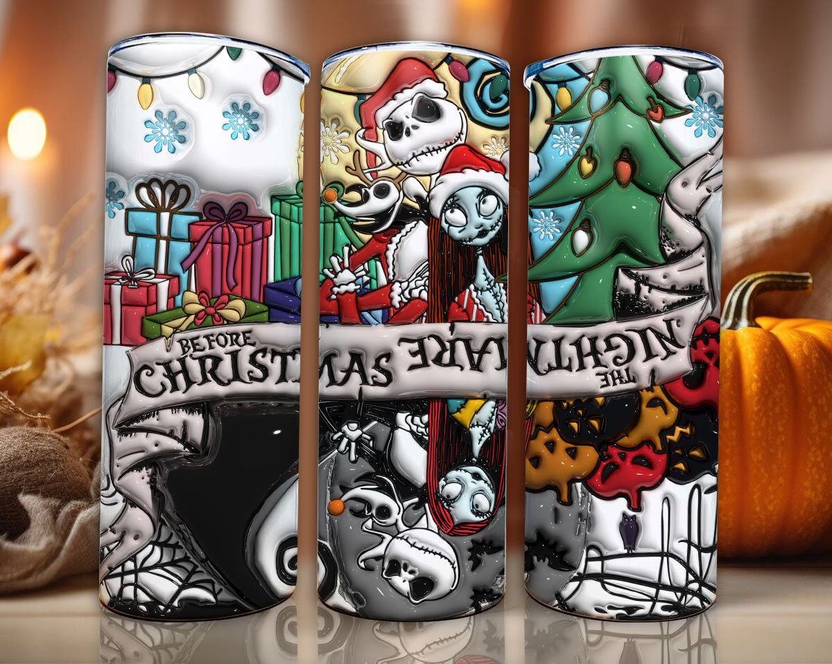 3D Inflated Horror Characters Tumbler Wrap, 20oz Skinny Tumbler, Nightmare Christmas Spooky Vibes Png, Halloween Png, Sublimation Design Png - VartDigitals