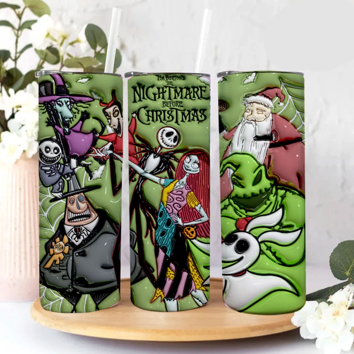 3D Inflated Halloween Tumbler Wrap, Cartoon Halloween Tumbler Png, The Nightmare Before Christmas 20oz Skinny Tumbler, 3D Tumbler Wrap - VartDigitals