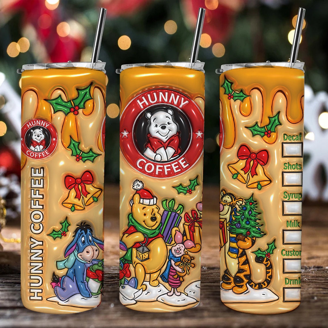 3D Inflated Cartoon Christmas Tumbler Wrap, Hunny Coffee Design Download PNG, 20 Oz Digital Tumbler Wrap, Merry Christmas, Christmas Vibes - VartDigitals