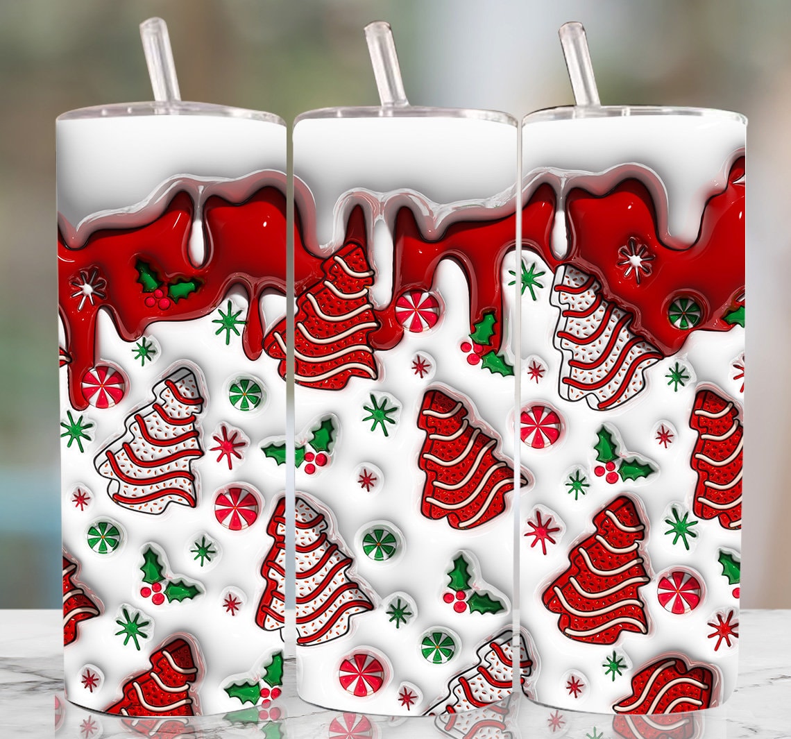 3D Christmas Tree Cakes Inflated Tumbler Wrap, Christmas Snack Cakes Puffy Tumbler, Xmas Coffee Puffy Tumbler, Milk Cookies For Santa - VartDigitals