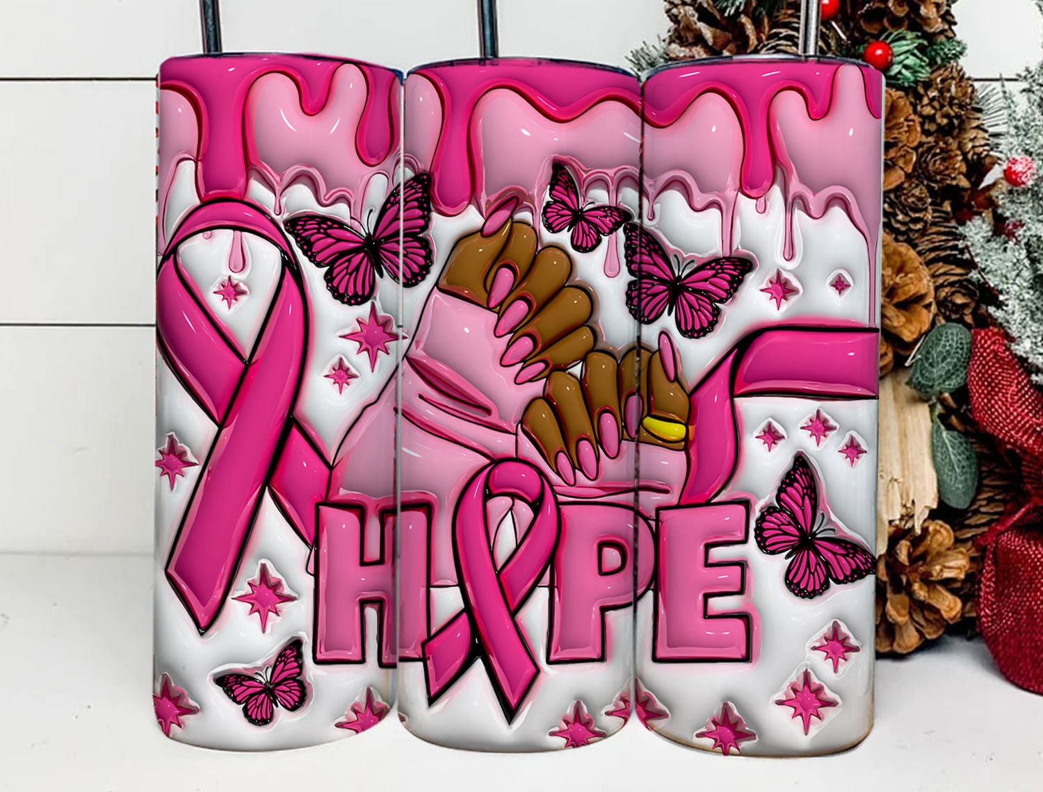 3D Inflated Black Breast Cancer 20oz Skinny Tumbler Wrap, 3D Puff Breast Cancer Tumbler Digital Download, 3D Breast Cancer Awareness Png - VartDigitals