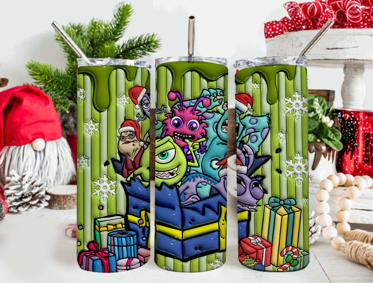 3D Inflated Cartoon Christmas Tumbler Wrap, Monsters Inflated Tumbler Wrap, 20 Oz Tumbler Wrap, Merry Christmas, Monsters Christmas Wrap - VartDigitals