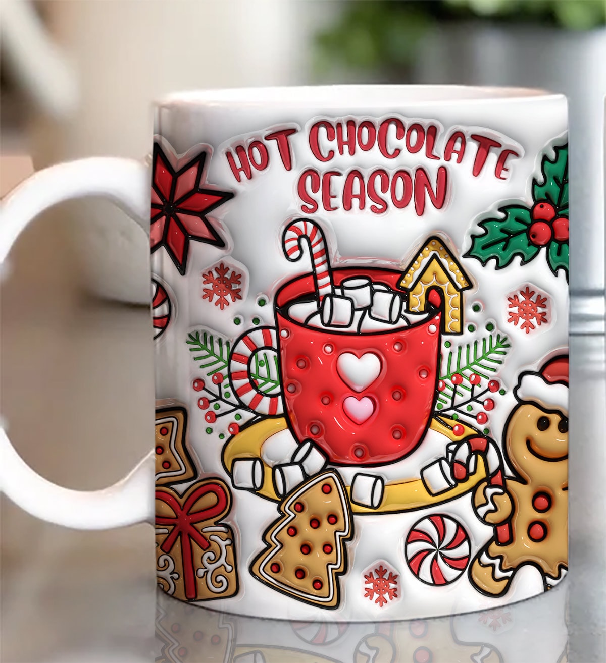 3D Hot Chocolate Season Inflated Mug Wrap, Puffy Gingerbread Mug, 3D Candy Cane Mug, Xmas Holiday Mug, Hot Cocoa Png, Christmas Gift - VartDigitals