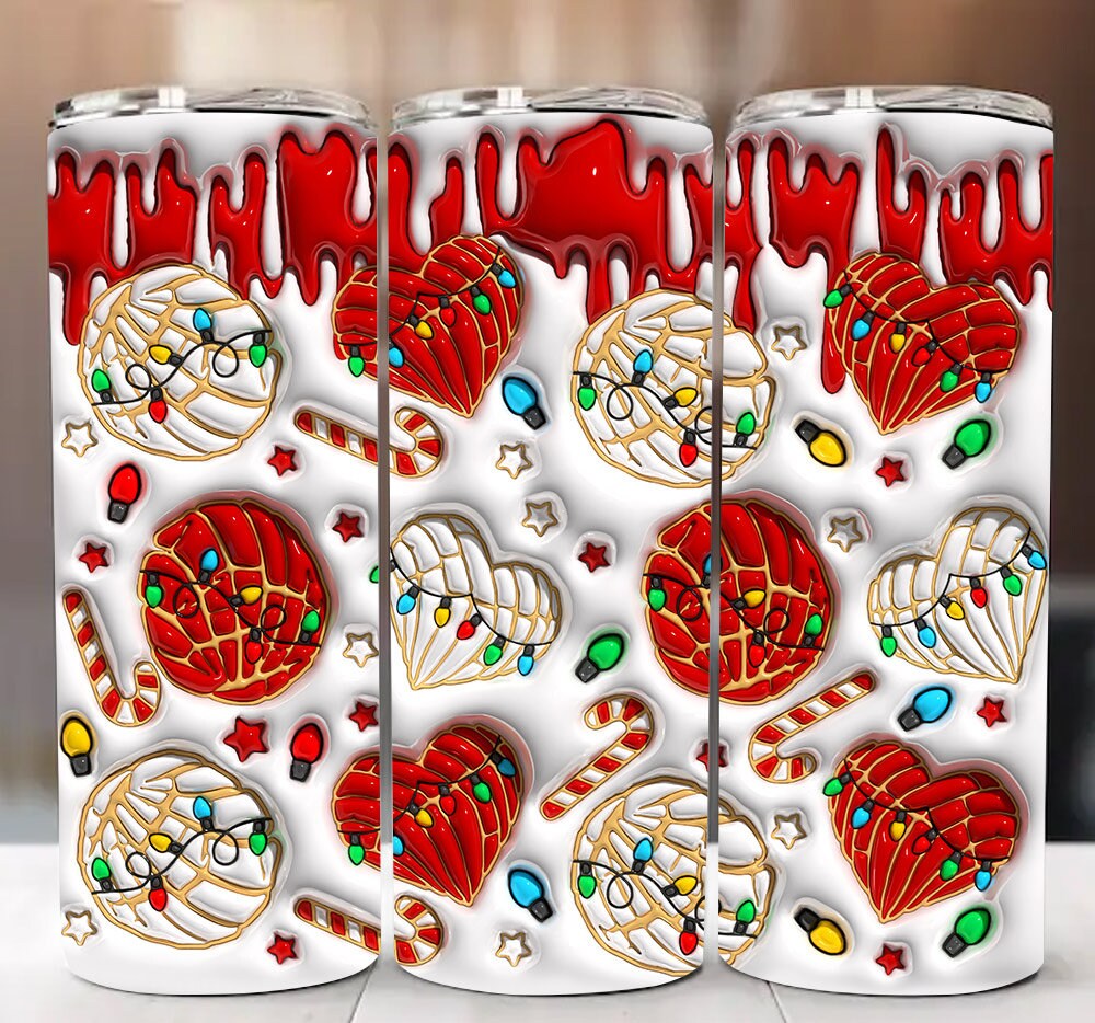 3D Christmas Conchas Cafecito y Chisme Inflated Tumbler Wrap, Concha Lights Christmas Puffy 20oz Tumbler Wrap, Xmas Conchas Mexicanas - VartDigitals