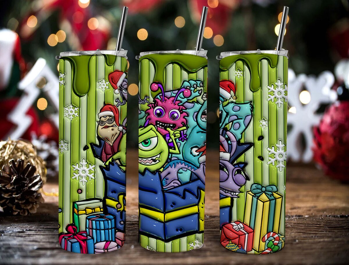 3D Inflated Cartoon Christmas Tumbler Wrap, Monsters Inflated Tumbler Wrap, 20 Oz Tumbler Wrap, Merry Christmas, Monsters Christmas Wrap - VartDigitals