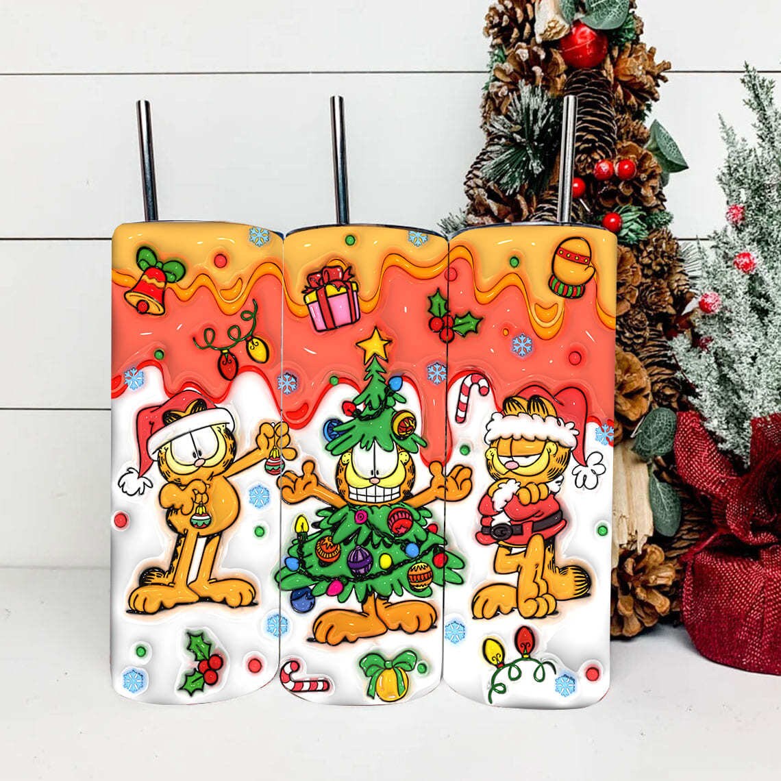 Inflated 3D Cartoon 80s Christmas Tumbler Wrap, 3D Cartoon Christmas Tumbler Sublimation, 80s Funny Cat Png, Puffy 80s Cartoon Tumbler Png - VartDigitals