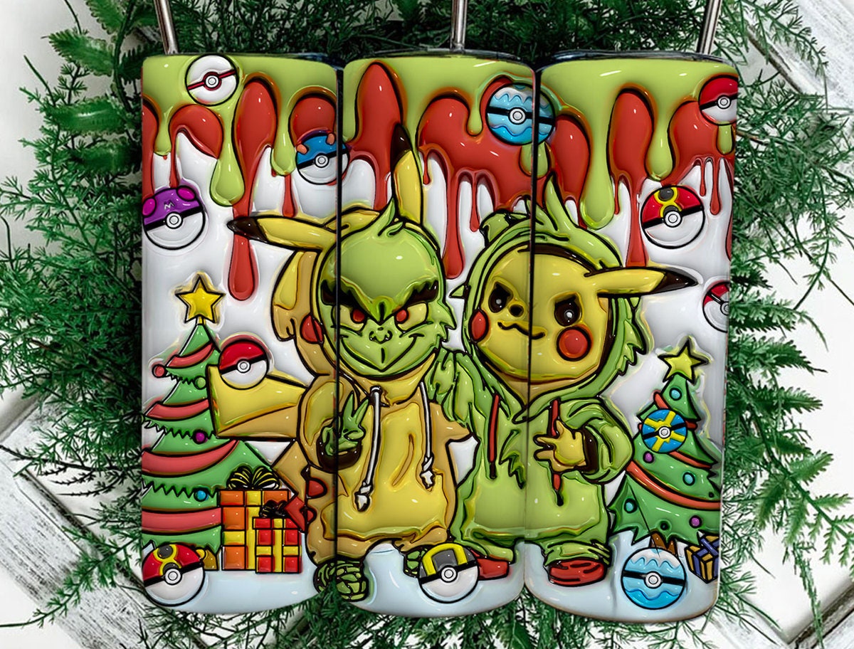 Inflated 3D Cartoon Poke Christmas Tumbler PNG, 3D Anime Cartoon Sublimation, 3D Digital Game Tumbler, Grinc Tumbler Wrap, Pika Grinc - VartDigitals